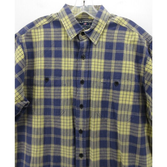 VINTAGE Ralph Lauren Polo Sport Shirt Large Linen Blend Button Up Plaid - Picture 2 of 11